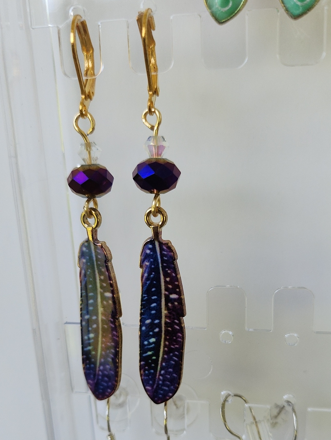 Gold-Tone Feather Drop Earrings With Beautiful Purple Beads!